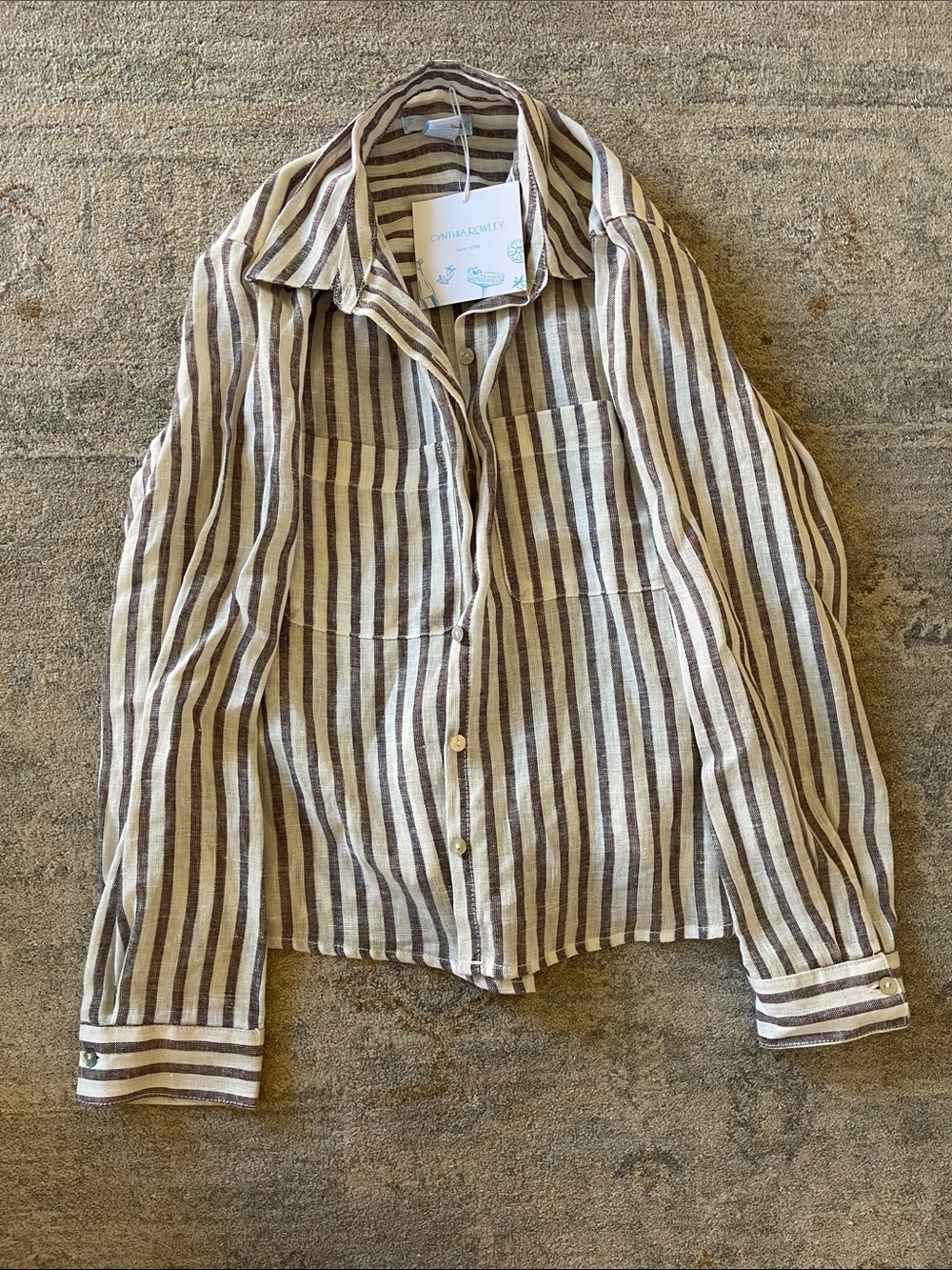 Cynthia Rowley Beige and Brown Striped Linen Button-Down Shirt